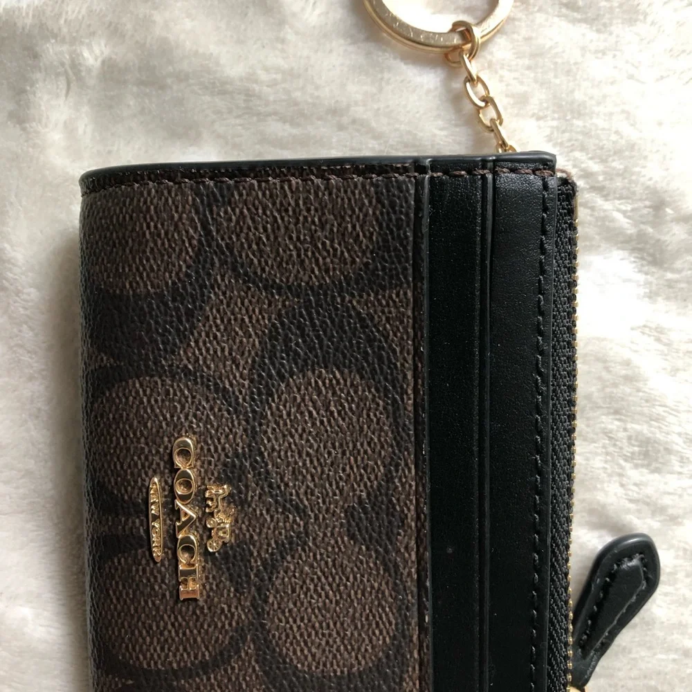 Coach Brown and Black Signature Zip Wristlet with Gold Hardware New